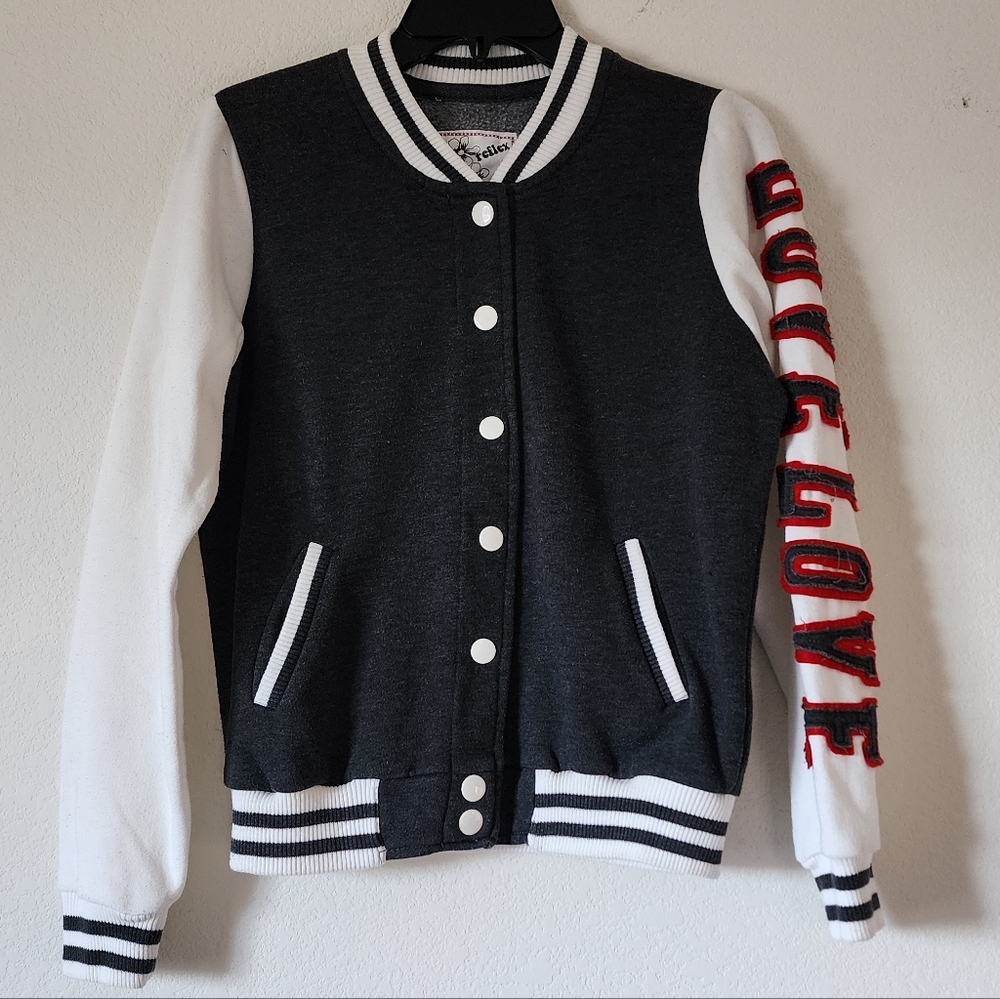Reflex Black White Varsity Jacket Juniors XL Red LOVE Sleeve Graphic Bomber